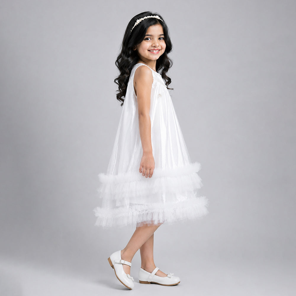Shimmery White Ruffle Party Dress for Girls