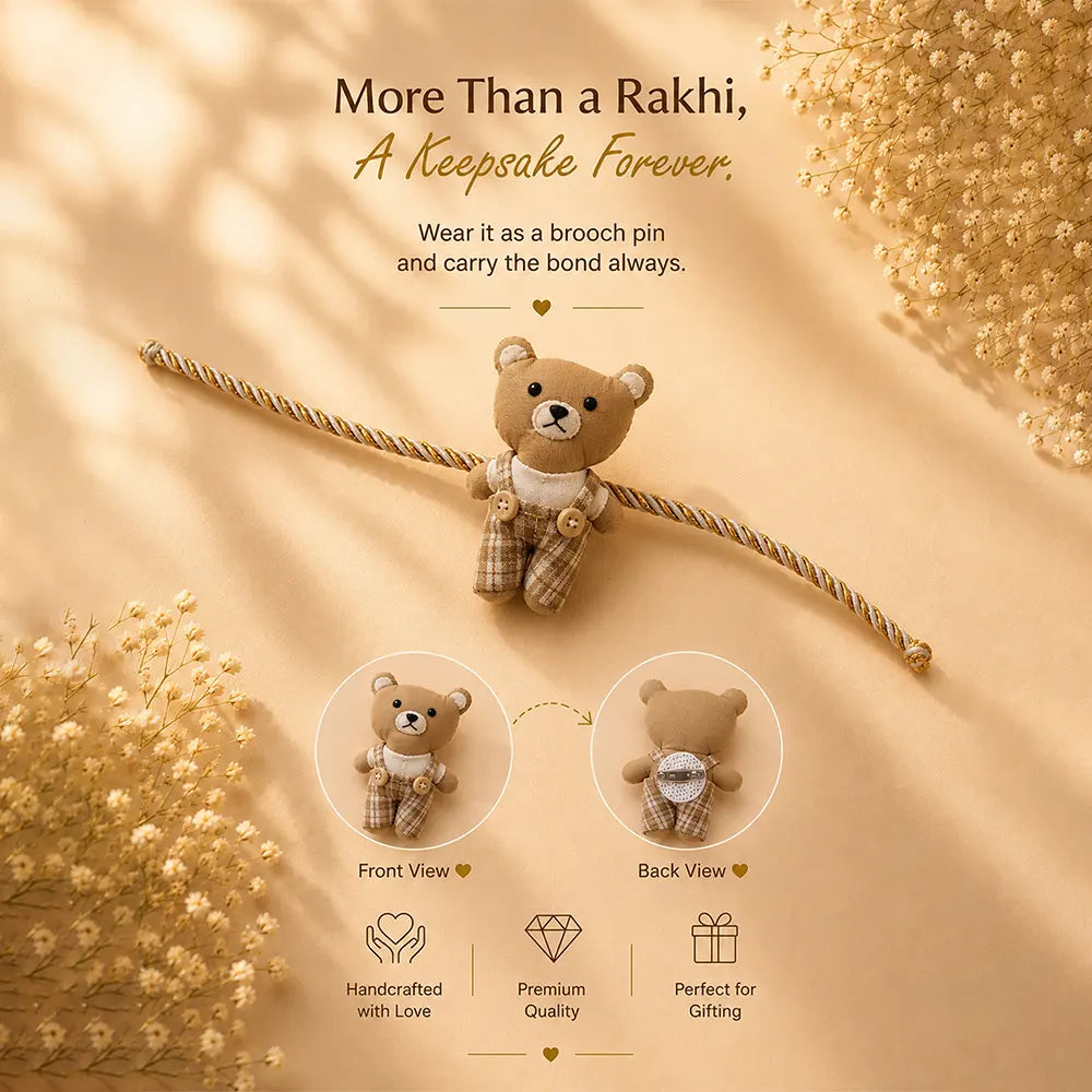 Dual style Checks Teddy Bear Rakhi & Broach clip for Kids