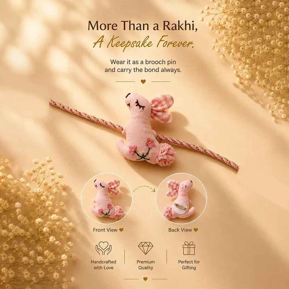 Dual style Floral Emroidered Bunny Rakhi & broach Clip for Kids