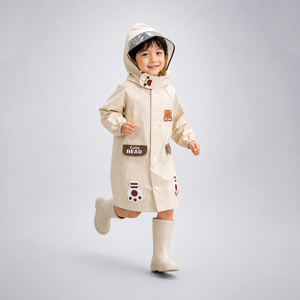 Beige Bear 3D Paw Knee Length Raincoat for Kids