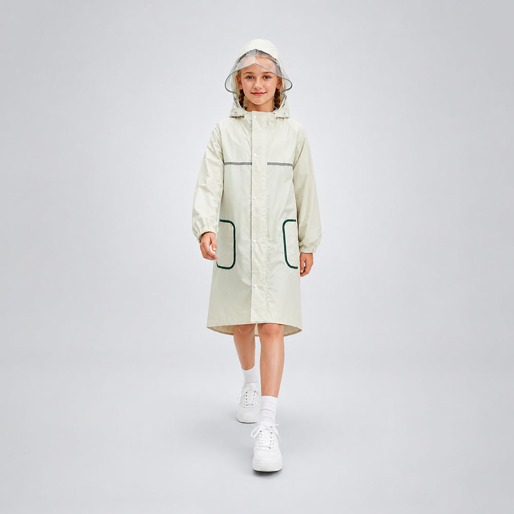 Beige Pocket Patch long Length Raincoat for Kids & Teens