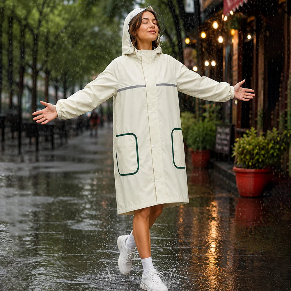 Beige Pocket Patch long Length Raincoat for Adults
