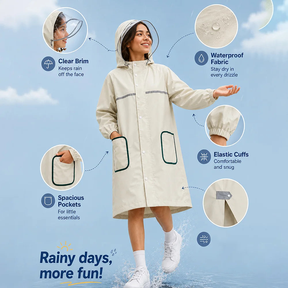 Beige Pocket Patch long Length Raincoat for Adults