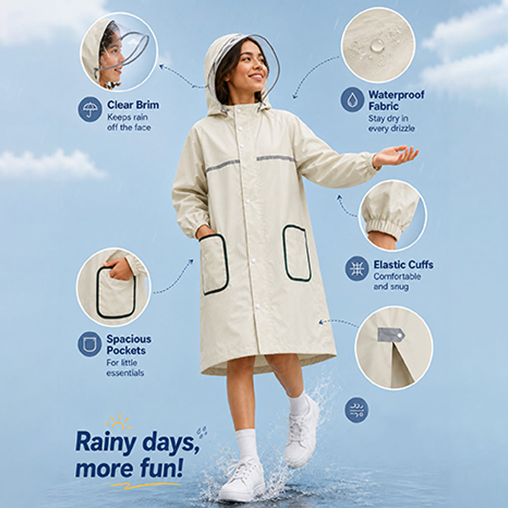 Beige Pocket Patch long Length Raincoat for Adults