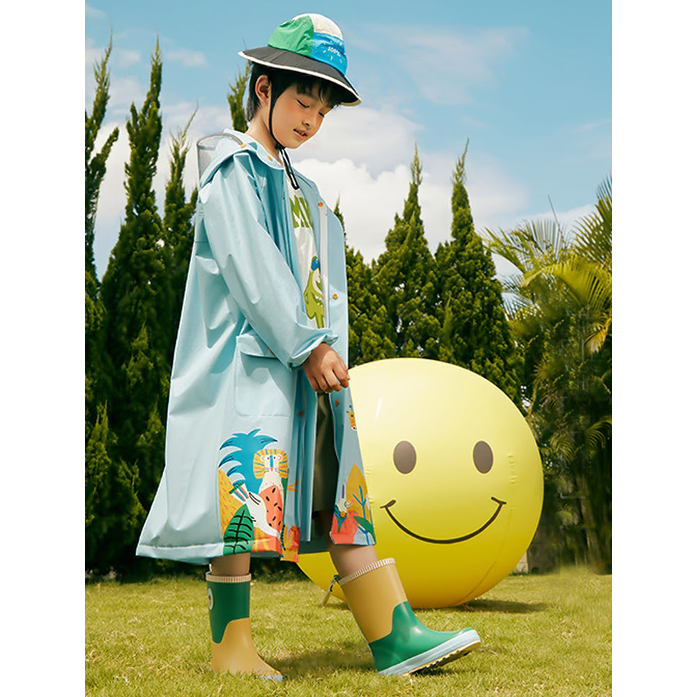 Blue Animal Print Knee Length Raincoat for Kids & Teens