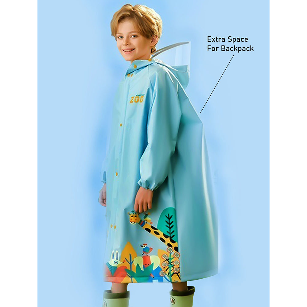 Blue Animal Print Knee Length Raincoat for Kids & Teens