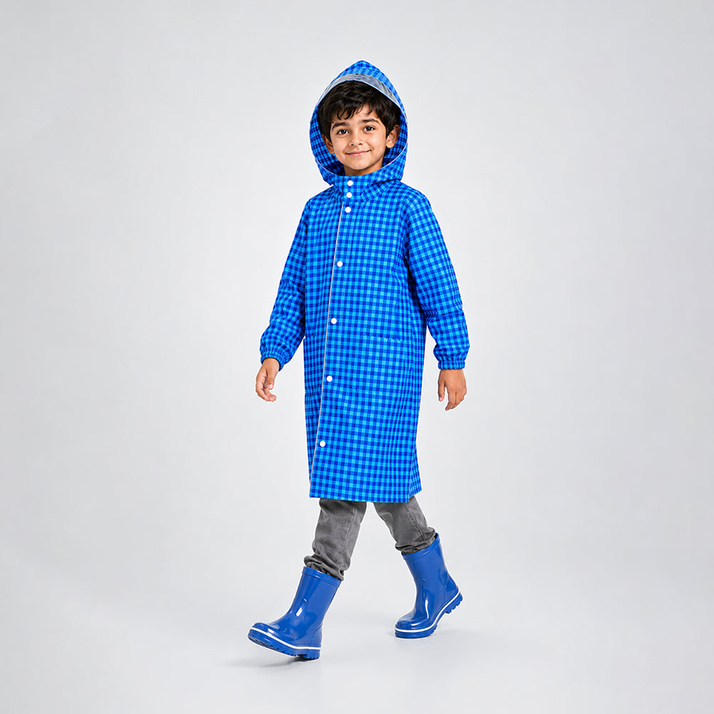 Blue Gingham Checks Knee-Length Raincoat for Kids & Teens