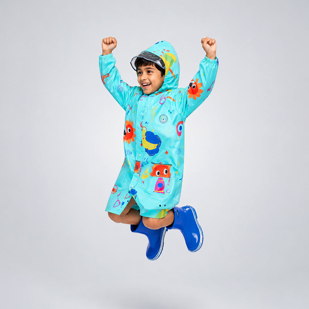 Blue Sunshine Doodle Knee-Length Raincoat for Kids