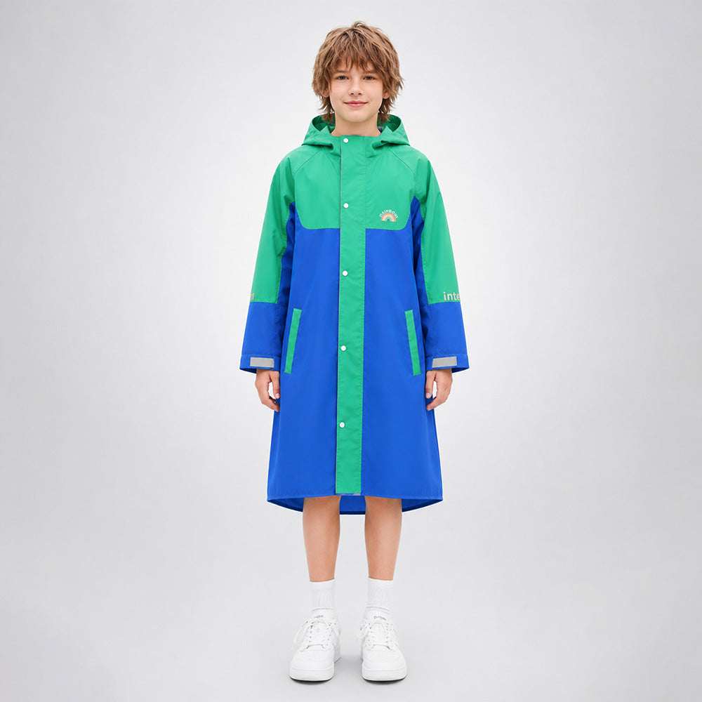 Blue & Green Colour-Block Knee-Length Raincoat for  Kids & Teens