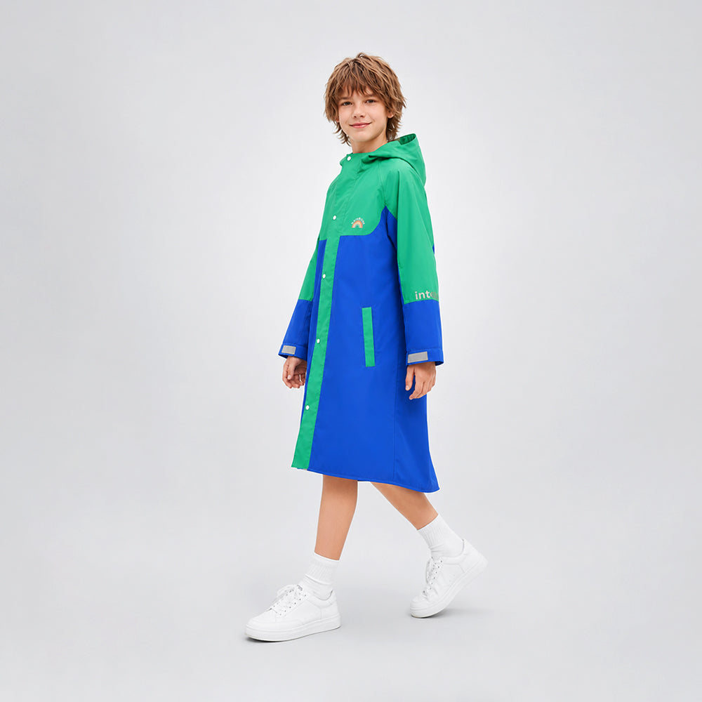 Blue & Green Colour-Block Knee-Length Raincoat for  Kids & Teens