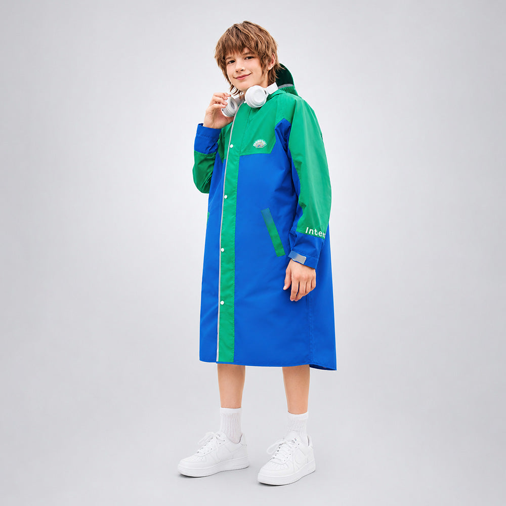 Blue & Green Colour-Block Knee-Length Raincoat for  Kids & Teens