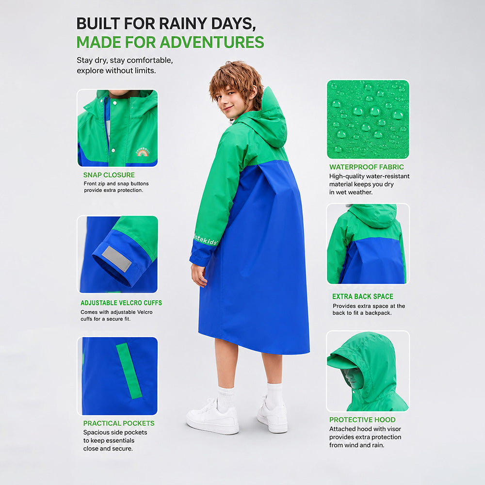 Blue & Green Colour-Block Knee-Length Raincoat for  Kids & Teens