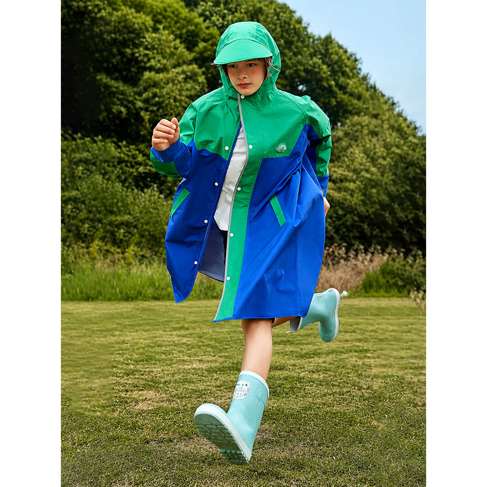 Blue & Green Colour-Block Knee-Length Raincoat for  Kids & Teens