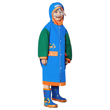 Blue Green sleeve Dino Digger knee length raincoat for kids