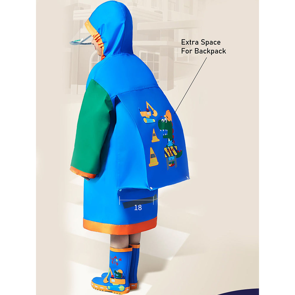 Blue Green sleeve Dino Digger knee length raincoat for kids