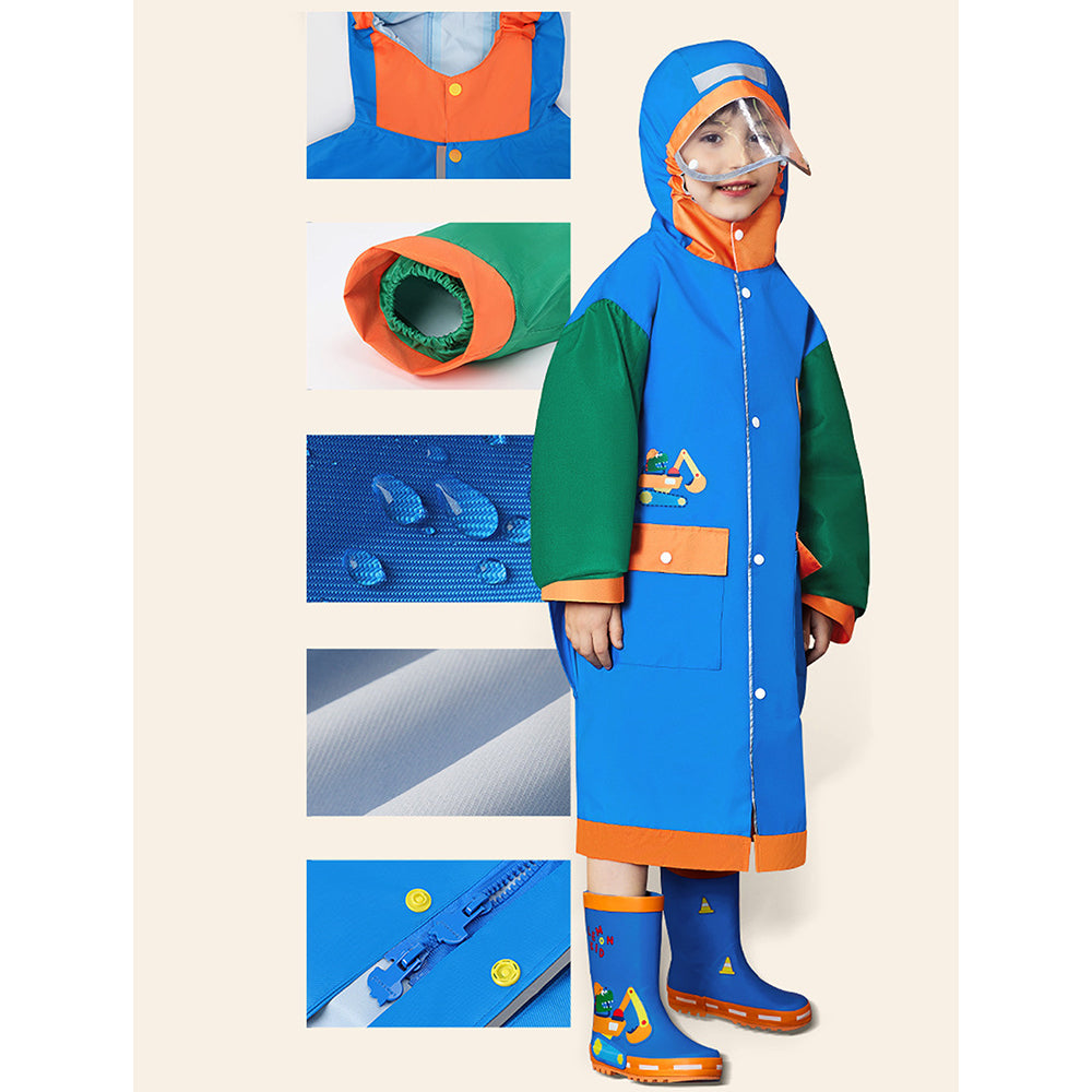 Blue Green sleeve Dino Digger knee length raincoat for kids