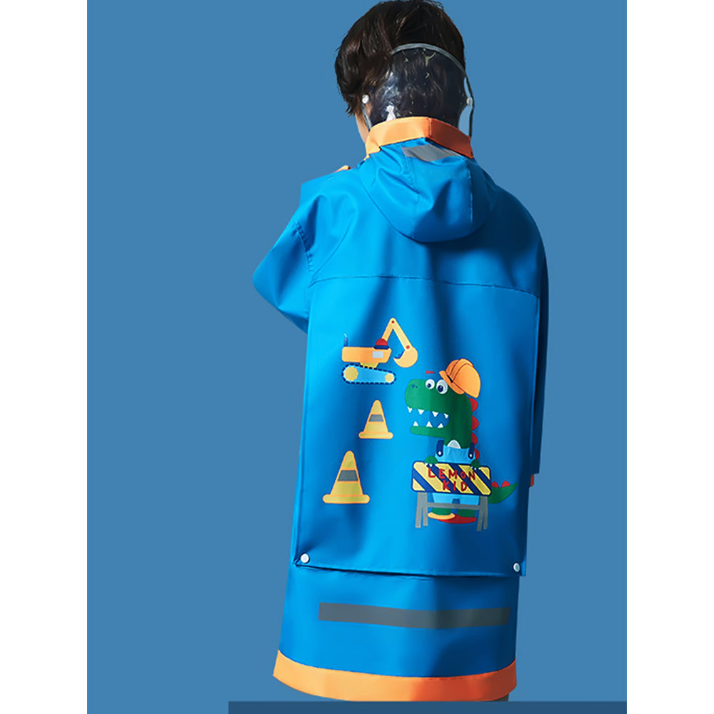 Blue Orange Dino Digger Knee Length Raincoat for Kids