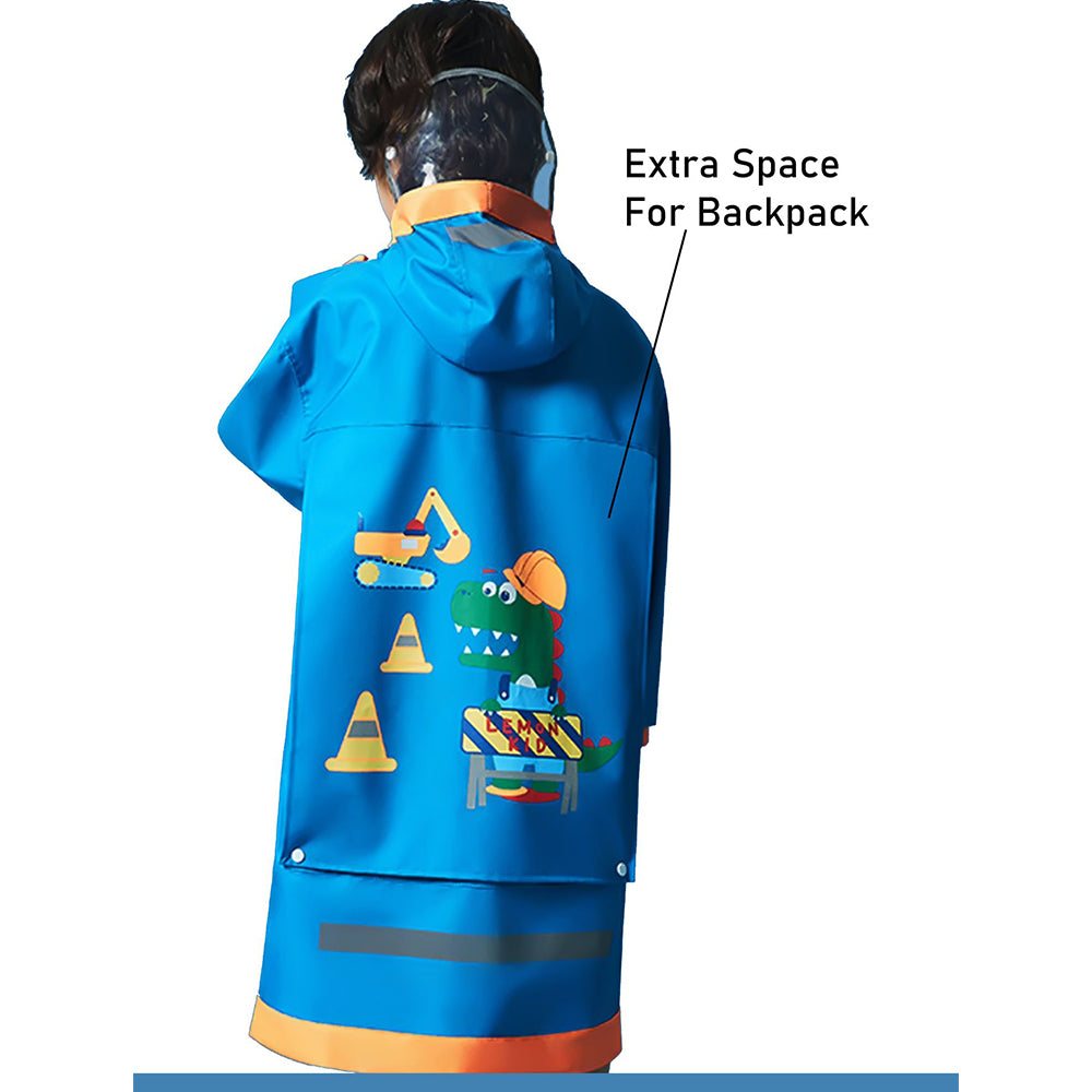 Blue Orange Dino Digger Knee Length Raincoat for Kids