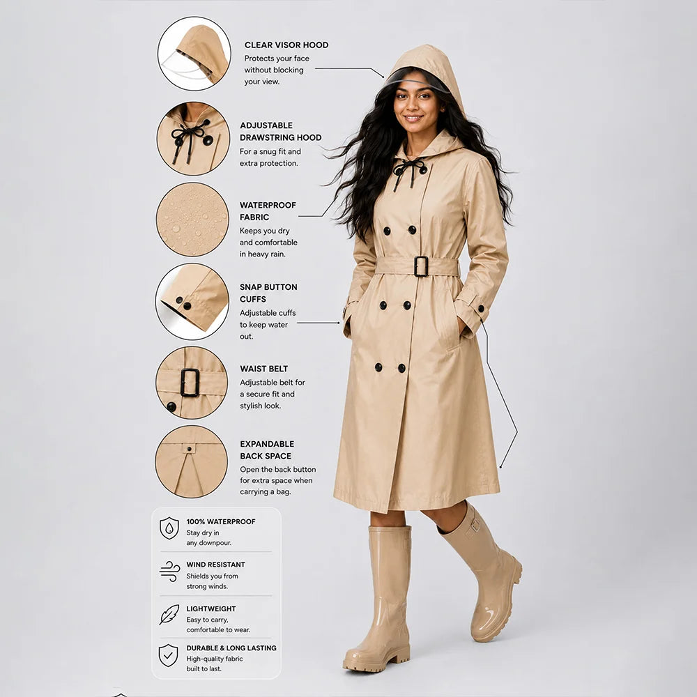 Cream Trench Coat Style Raincoat for Adults