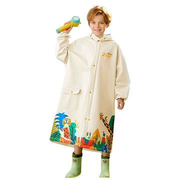 Cream Animal Print Knee Length Raincoat for Kids & Teens