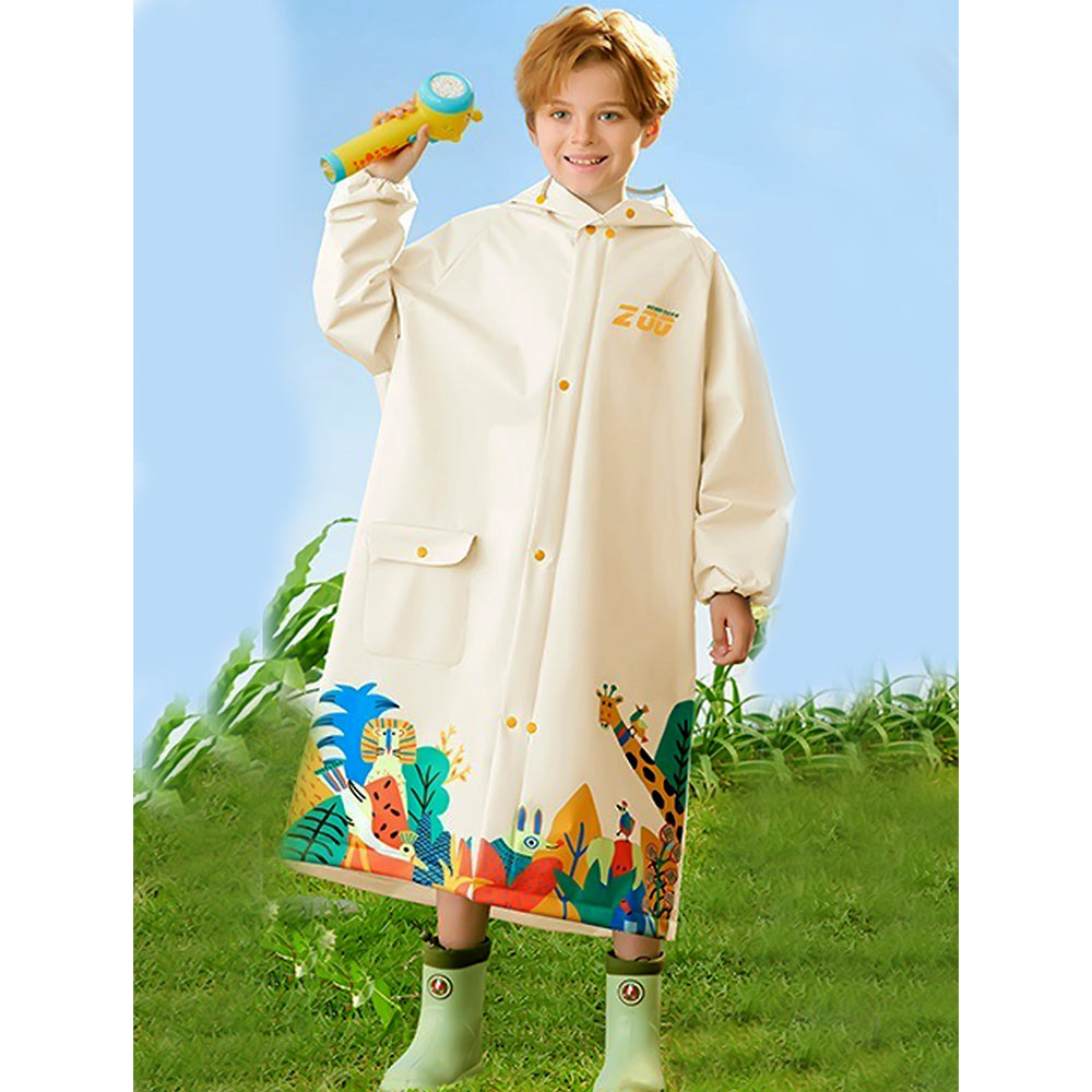 Cream Animal Print Knee Length Raincoat for Kids & Teens