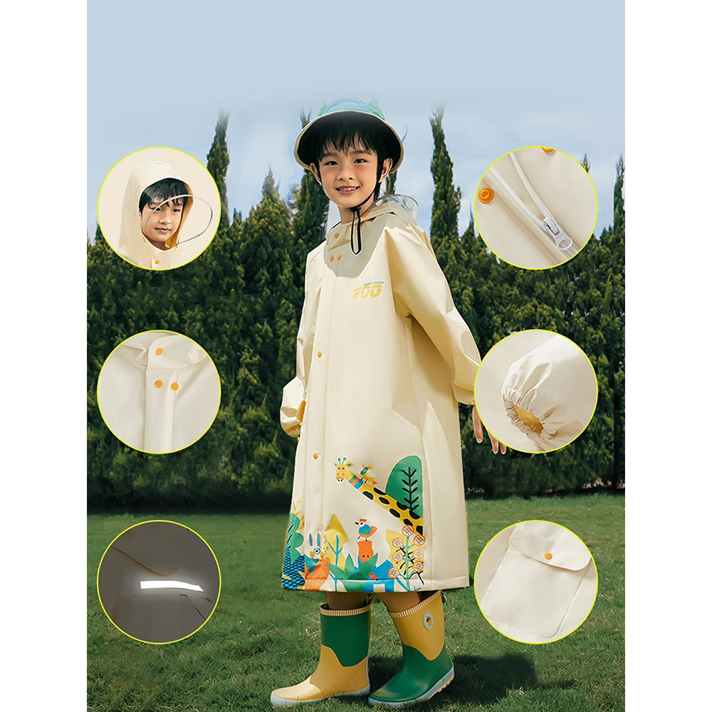 Cream Animal Print Knee Length Raincoat for Kids & Teens