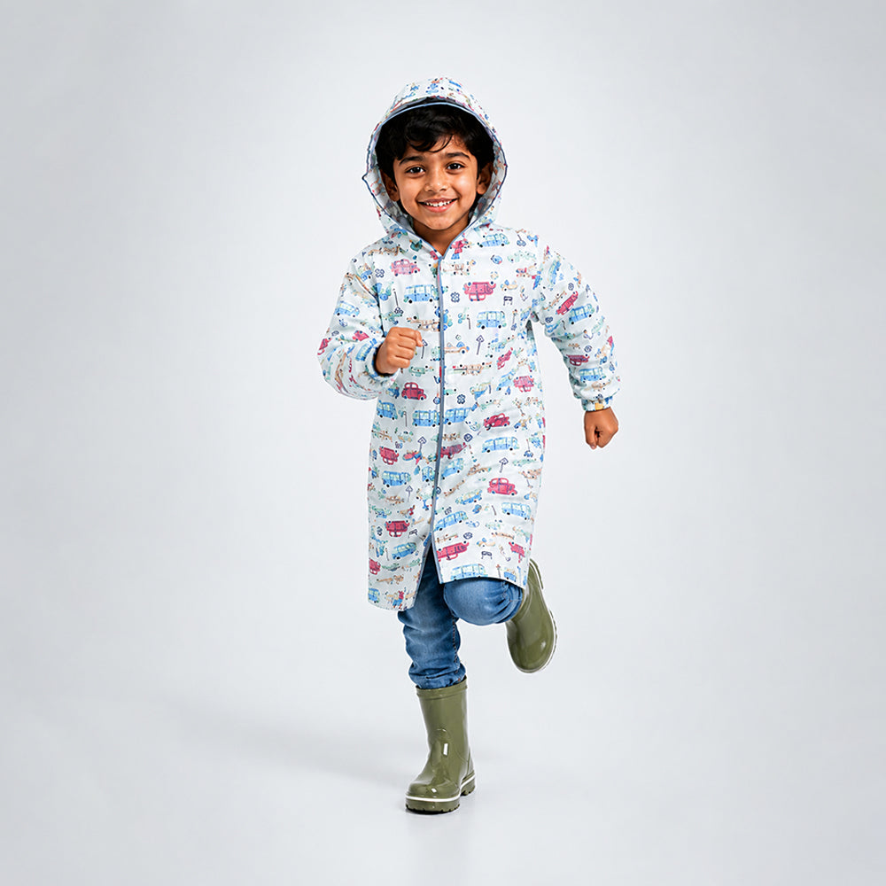 Cream Vintage Car Print Knee-Length Raincoat for Kids
