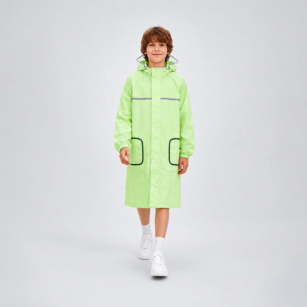 Green Pocket Patch long Length Raincoat for Kids & Teens