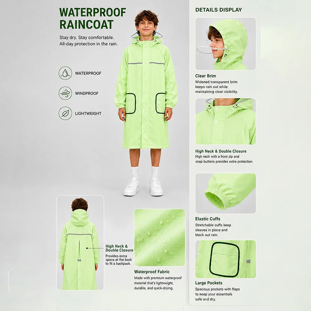 Green Pocket Patch long Length Raincoat for Adults
