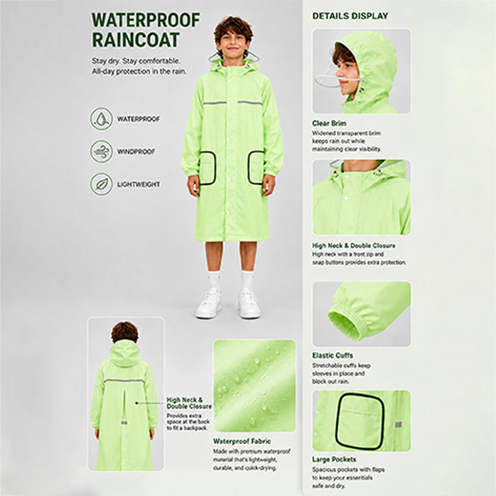 Green Pocket Patch long Length Raincoat for Adults
