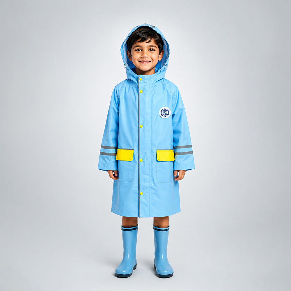 Minimal Blue & Yellow Pocket Knee Length Raincoat for Kids & Teens