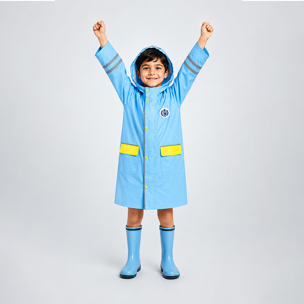 Minimal Blue & Yellow Pocket Knee Length Raincoat for Kids & Teens