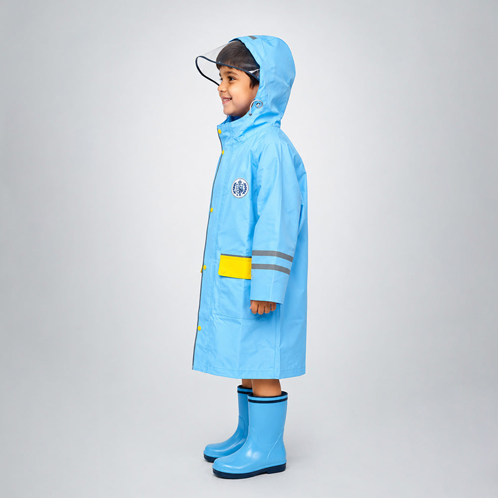 Minimal Blue & Yellow Pocket Knee Length Raincoat for Kids & Teens