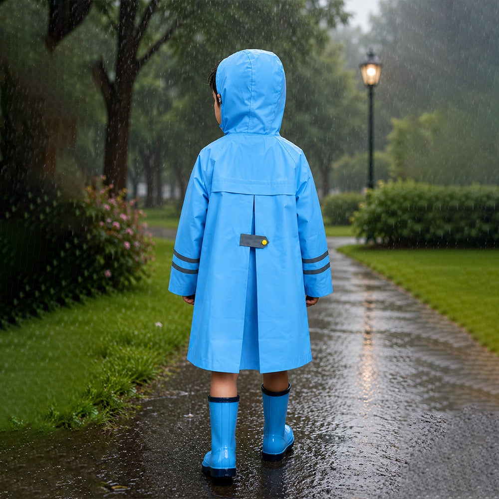 Minimal Blue & Yellow Pocket Knee Length Raincoat for Kids & Teens