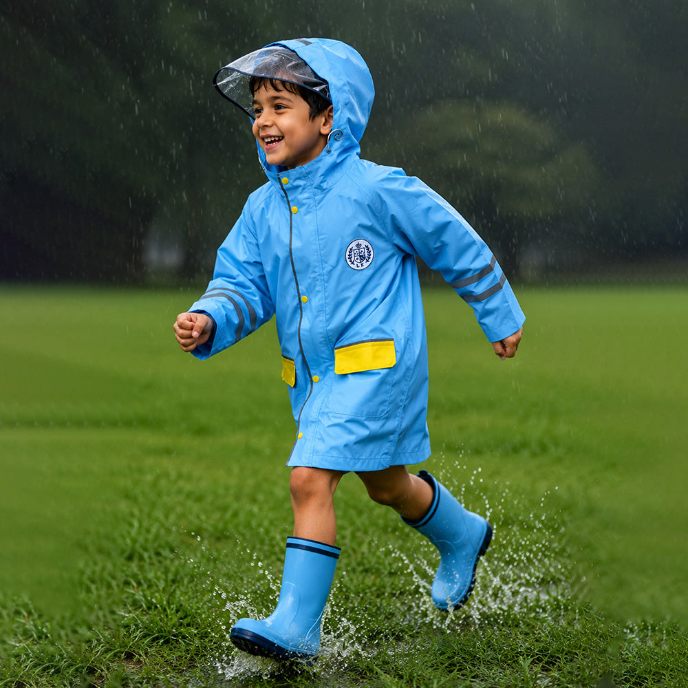 Minimal Blue & Yellow Pocket Knee Length Raincoat for Kids & Teens