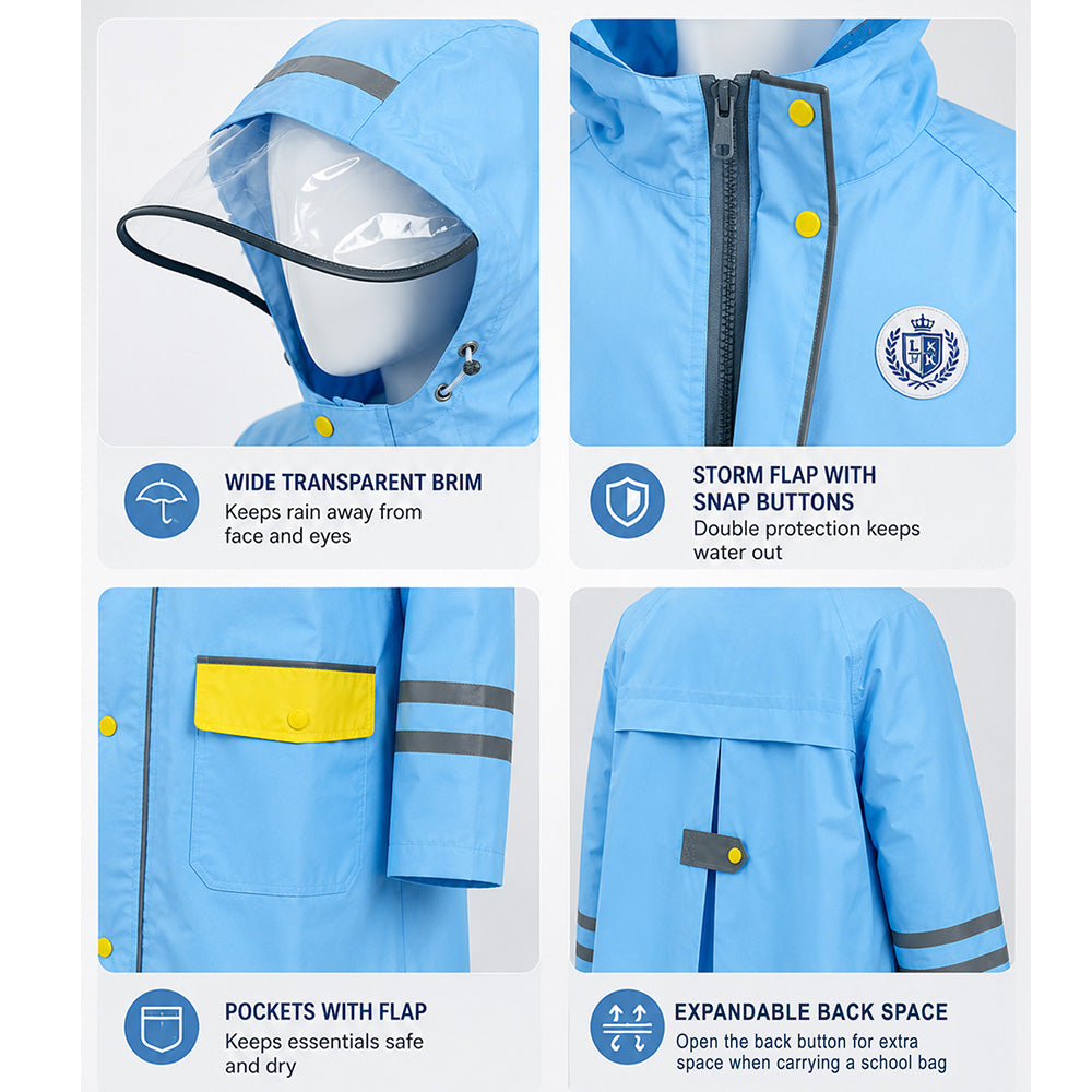 Minimal Blue & Yellow Pocket Knee Length Raincoat for Kids & Teens