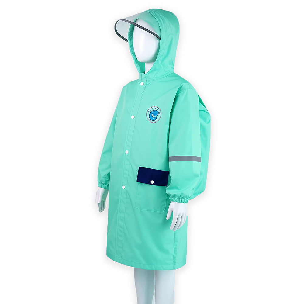 Minimal Mint & Blue Pocket Knee Length Raincoat for Kids & Teens