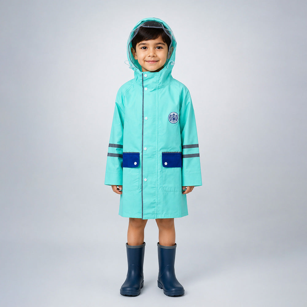 Minimal Mint & Blue Pocket Knee Length Raincoat for Kids & Teens