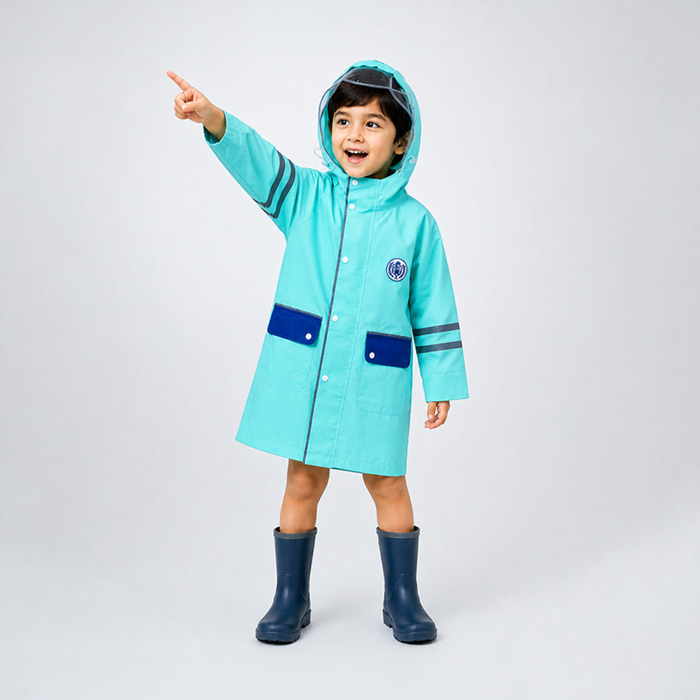 Minimal Mint & Blue Pocket Knee Length Raincoat for Kids & Teens