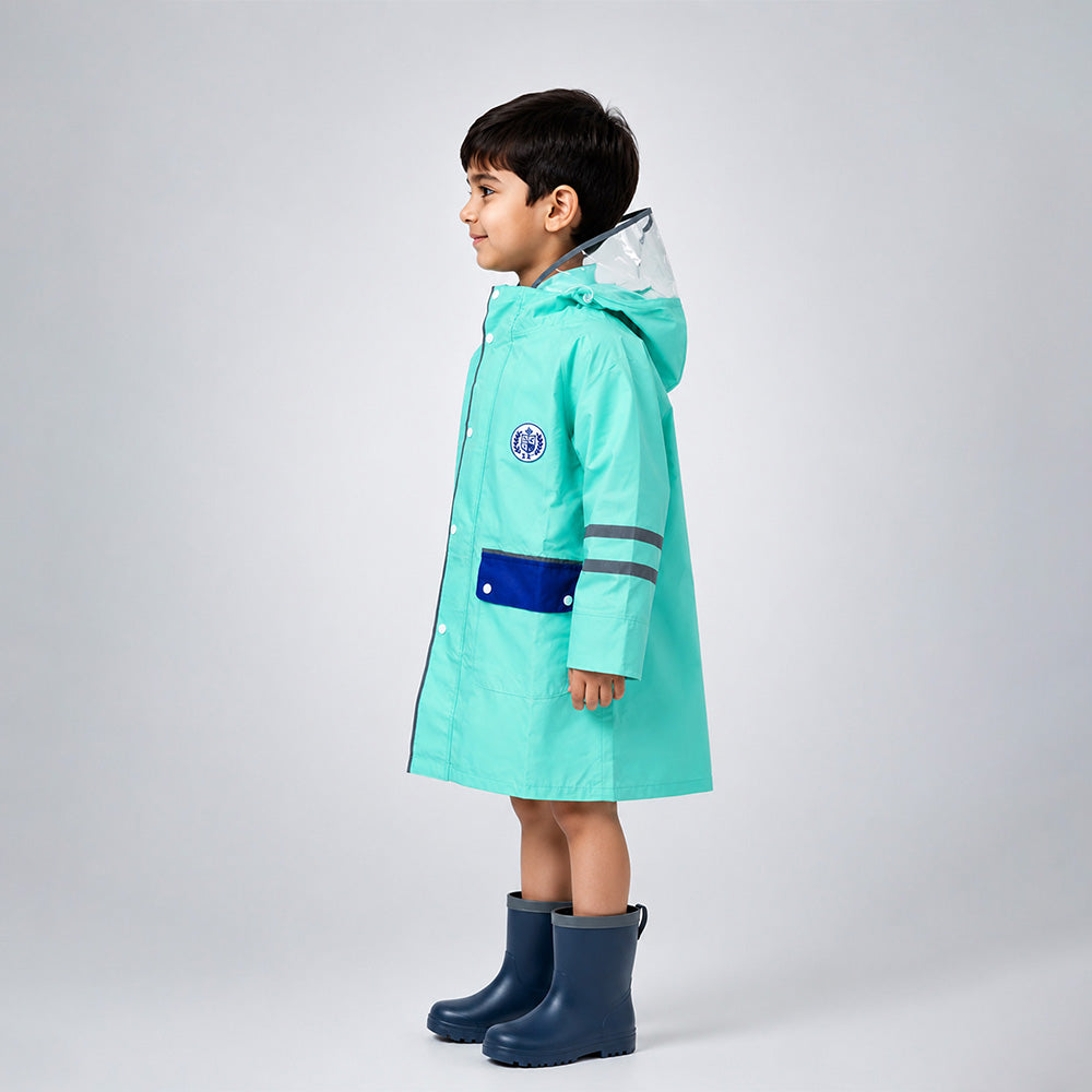 Minimal Mint & Blue Pocket Knee Length Raincoat for Kids & Teens