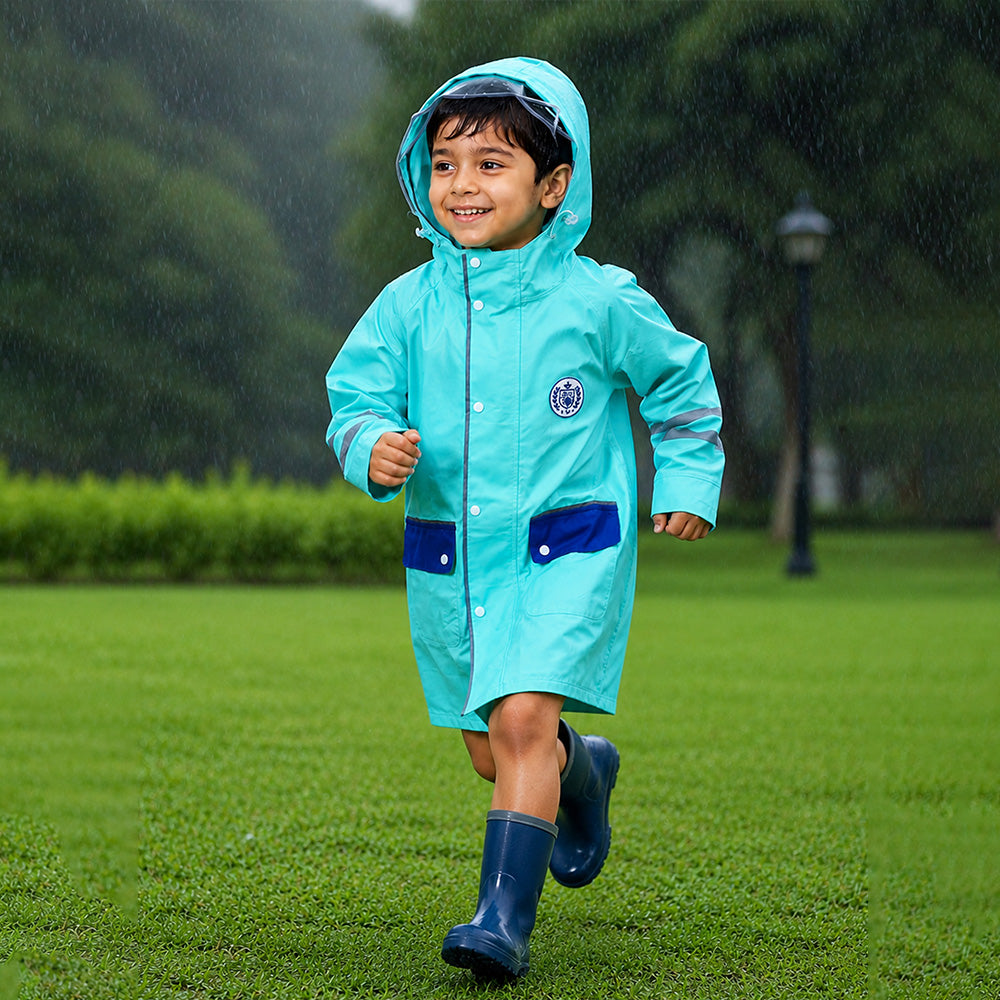 Minimal Mint & Blue Pocket Knee Length Raincoat for Kids & Teens
