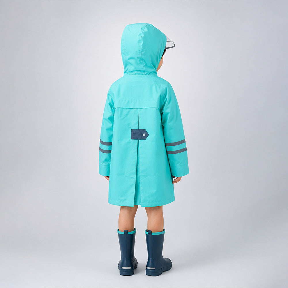 Minimal Mint & Blue Pocket Knee Length Raincoat for Kids & Teens