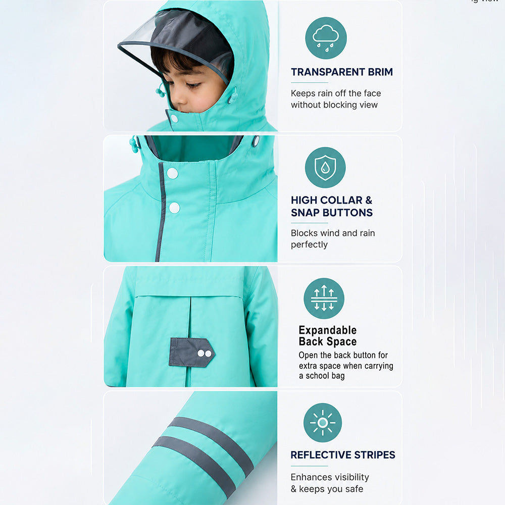 Minimal Mint & Blue Pocket Knee Length Raincoat for Kids & Teens