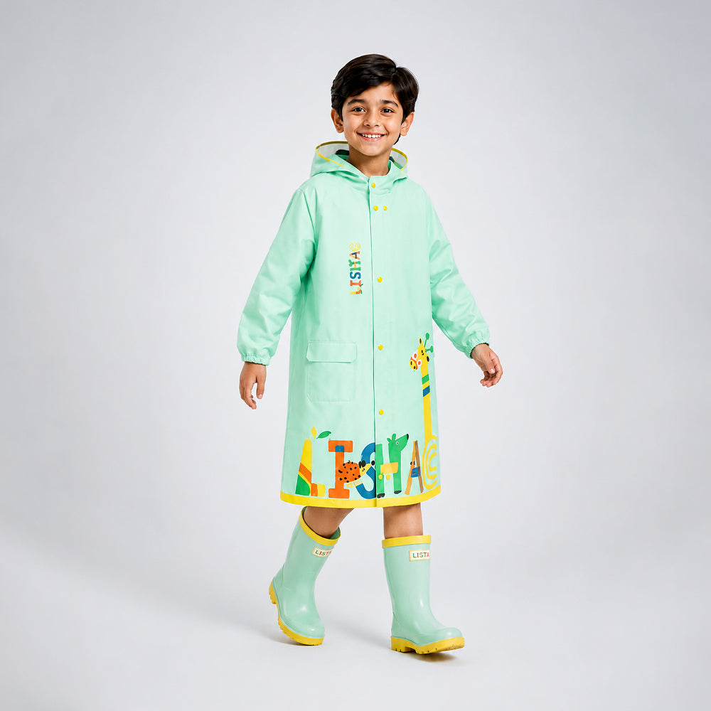 Mint Giraffe Knee Length Raincoat for Kids