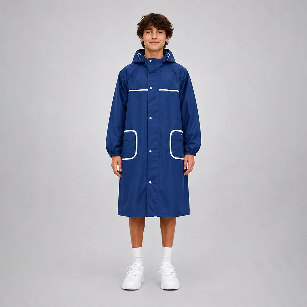 Navy Blue Pocket Patch long Length Raincoat for Adults