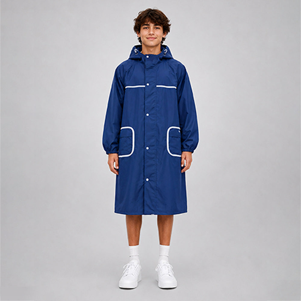 Navy Blue Pocket Patch long Length Raincoat for Adults