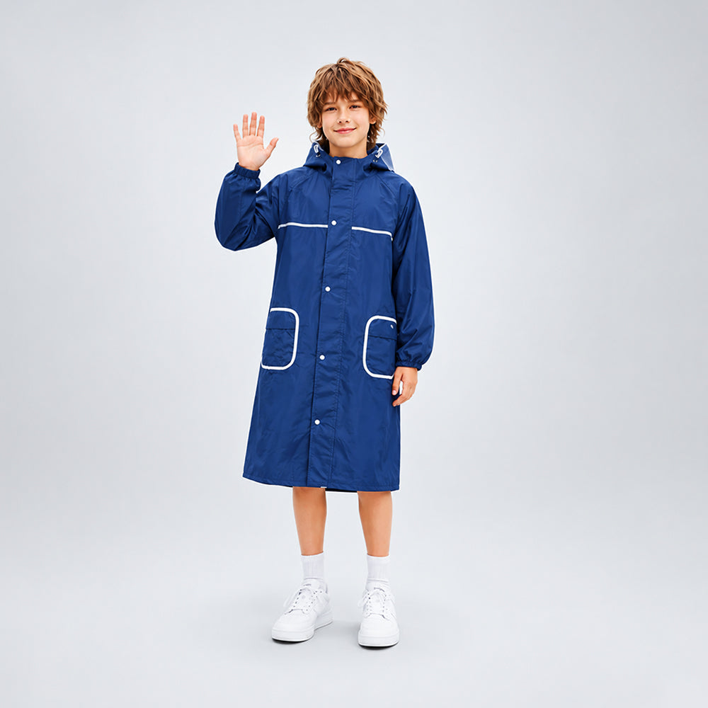Navy Blue Pocket Patch long Length Raincoat for Kids & Teens