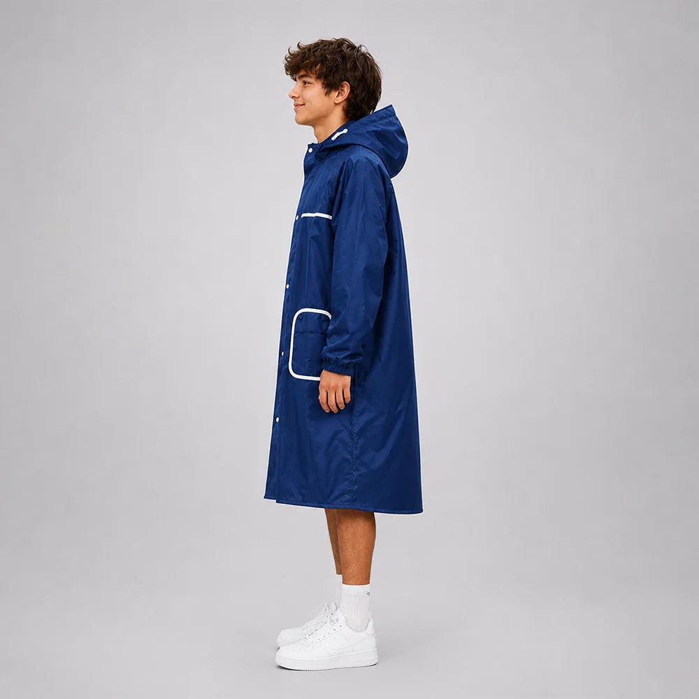 Navy Blue Pocket Patch long Length Raincoat for Adults