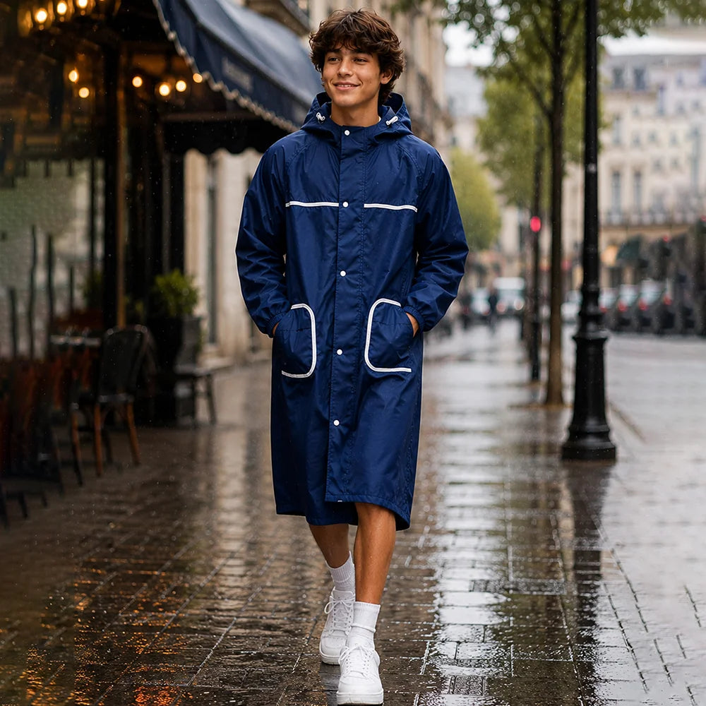 Navy Blue Pocket Patch long Length Raincoat for Adults