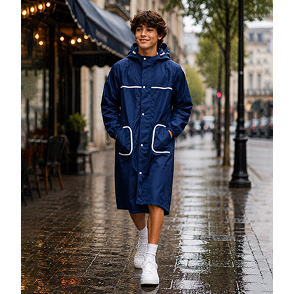 Navy Blue Pocket Patch long Length Raincoat for Adults